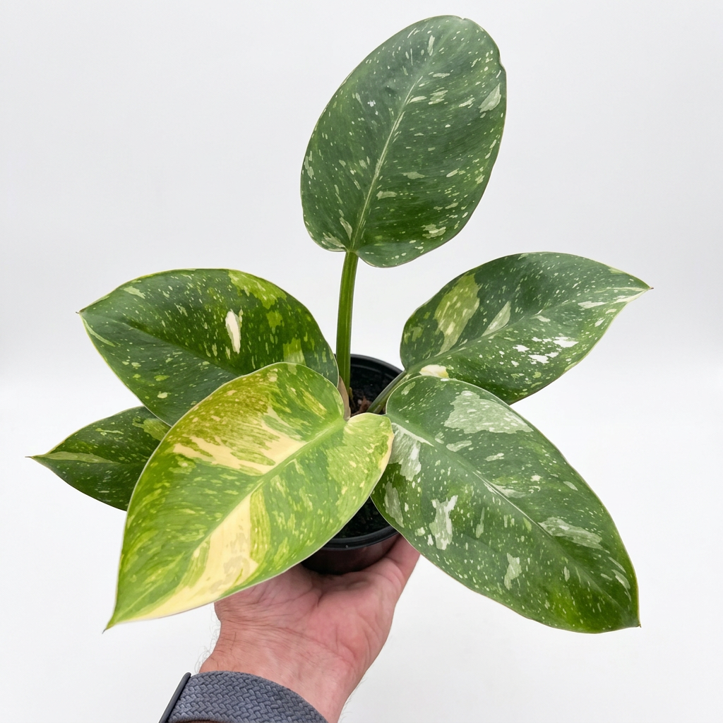 A hand holding a philodendron congo nuclear with green and yellow variegated leaves in a brown pot against a solid white background.