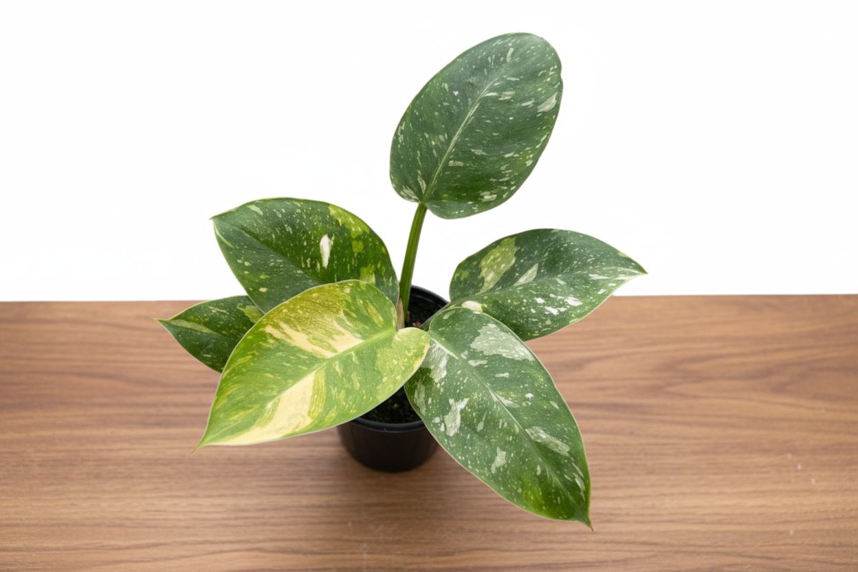 Philodendron 'Congo Nuclear' plant with marbled green/white/yellow leaves in a black pot.