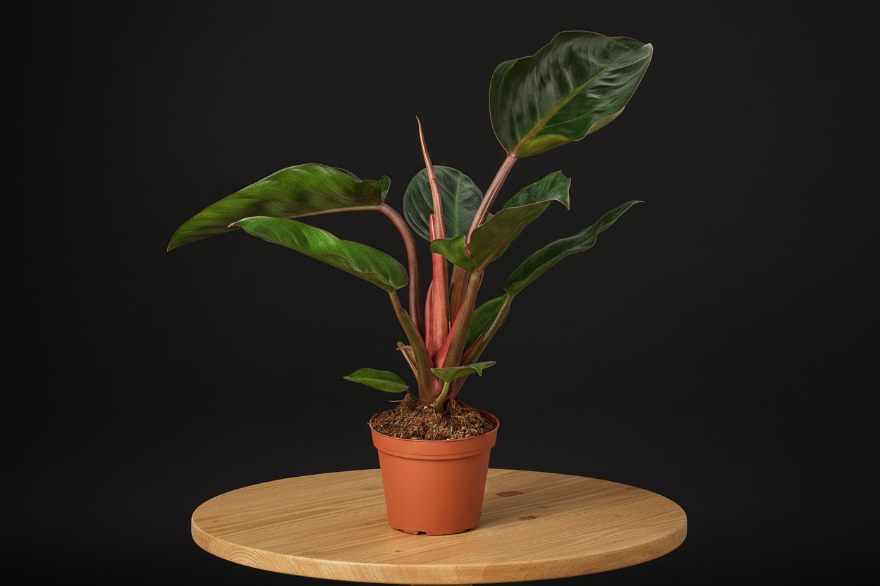 Philodendron Congo Rojo plant in a terracotta pot, displaying glossy burgundy-red and bronze-green leaves.