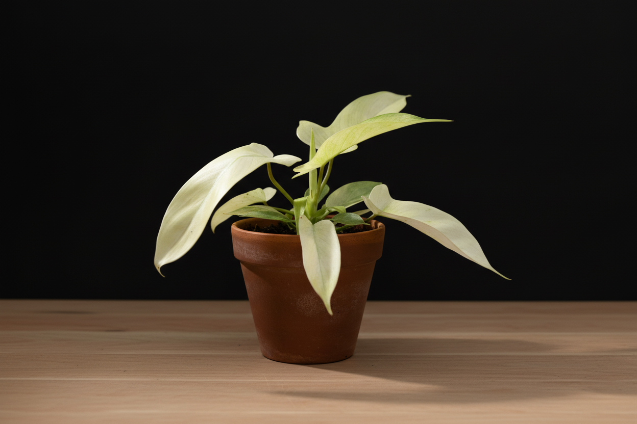 Small Philodendron Florida Ghost plant in a terracotta pot with white and light green leaves.
