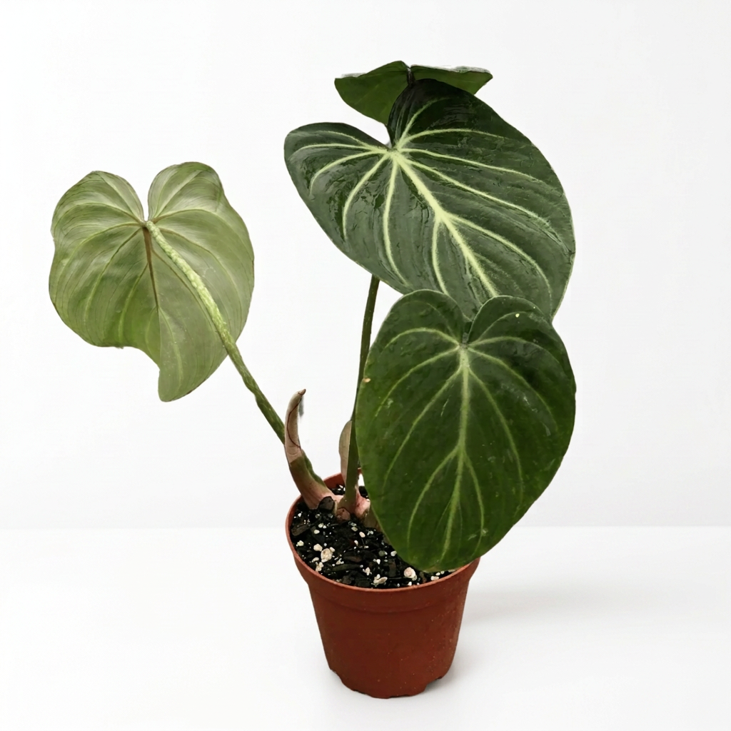 A philodendron gloriosum plant with dark green velvety leaves in a brown 4” pot on a white surface with white background.