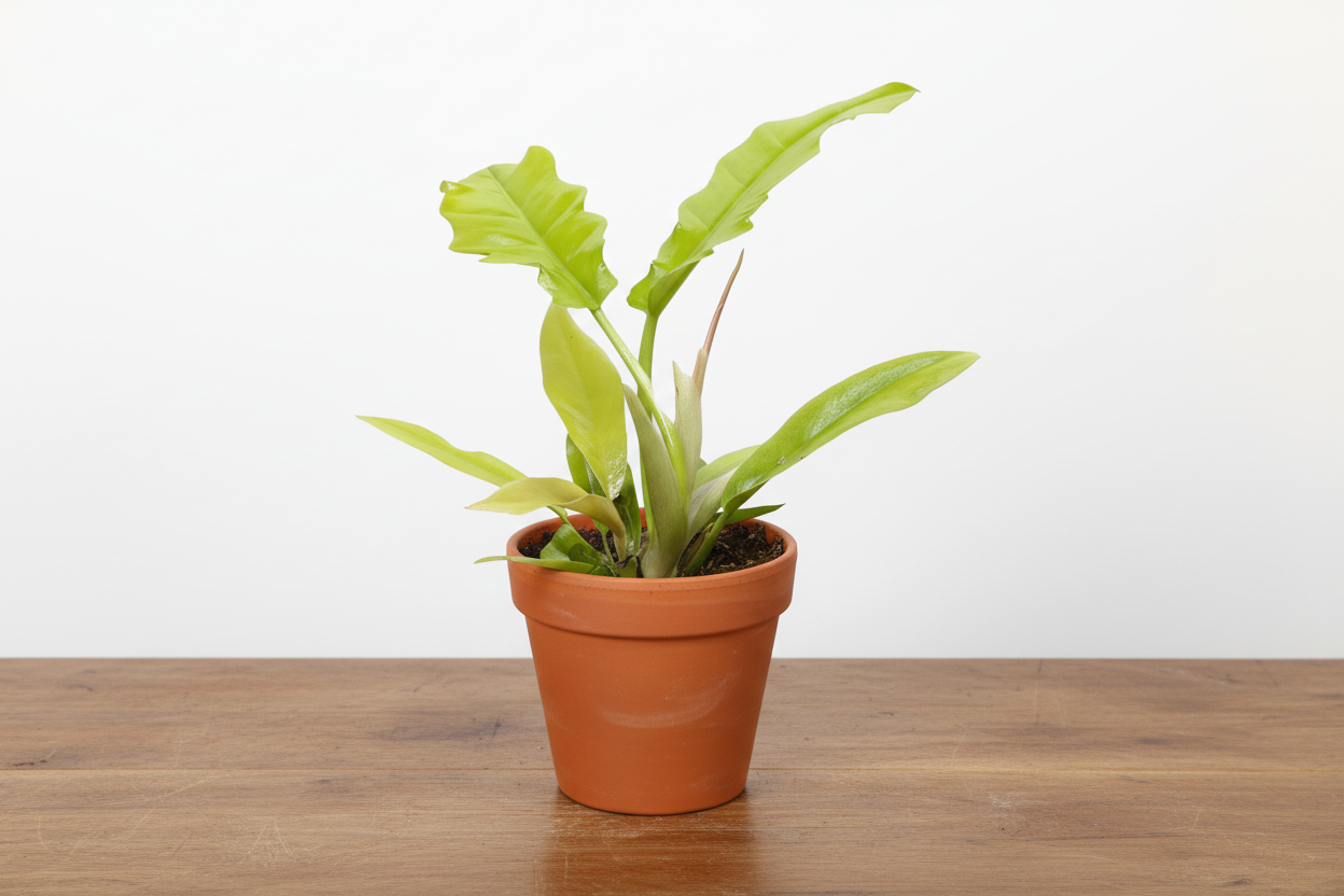 Vibrant Philodendron 'Golden Crocodile' plant in a terracotta pot on a wooden surface.