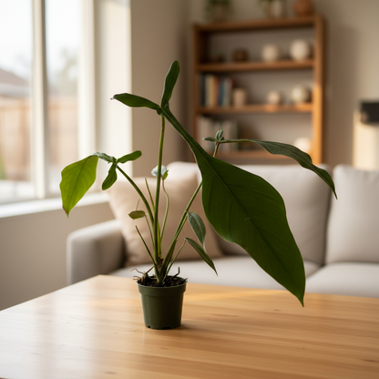 a potted plant with large green leaves on a white background sitting on wood box on table