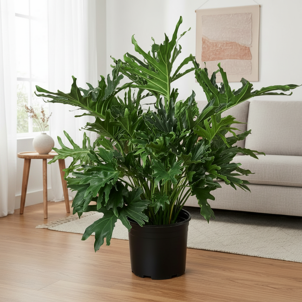 potted green plant with big green leaves in a black pot on a living room floor in front of a couch