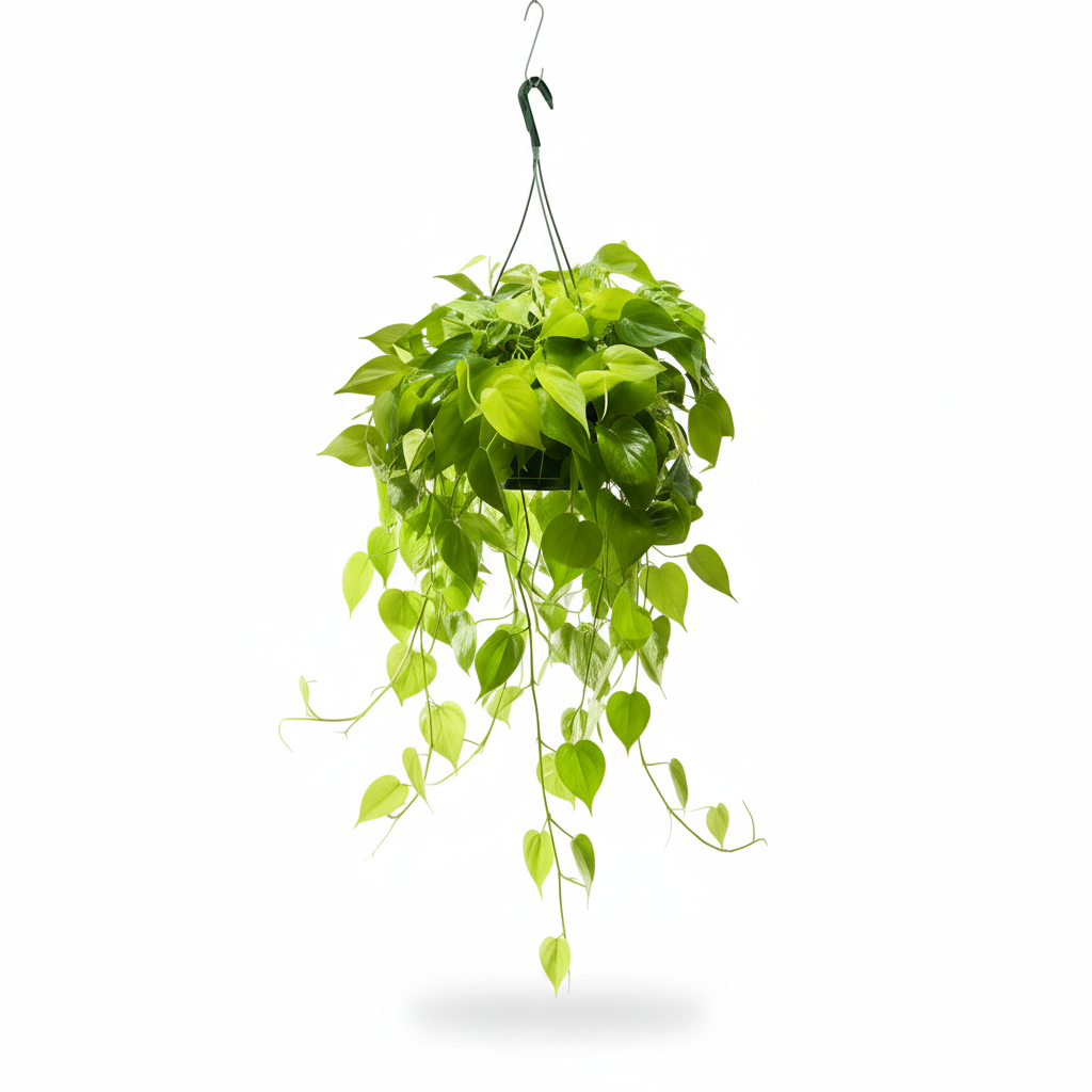Vibrant chartreuse Philodendron 'Neon' houseplant with trailing heart-shaped leaves in a hanging basket.