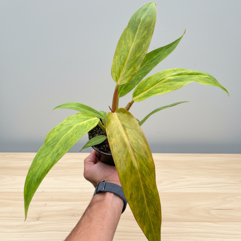 Hand holding a potted plant with green leaves on a white background