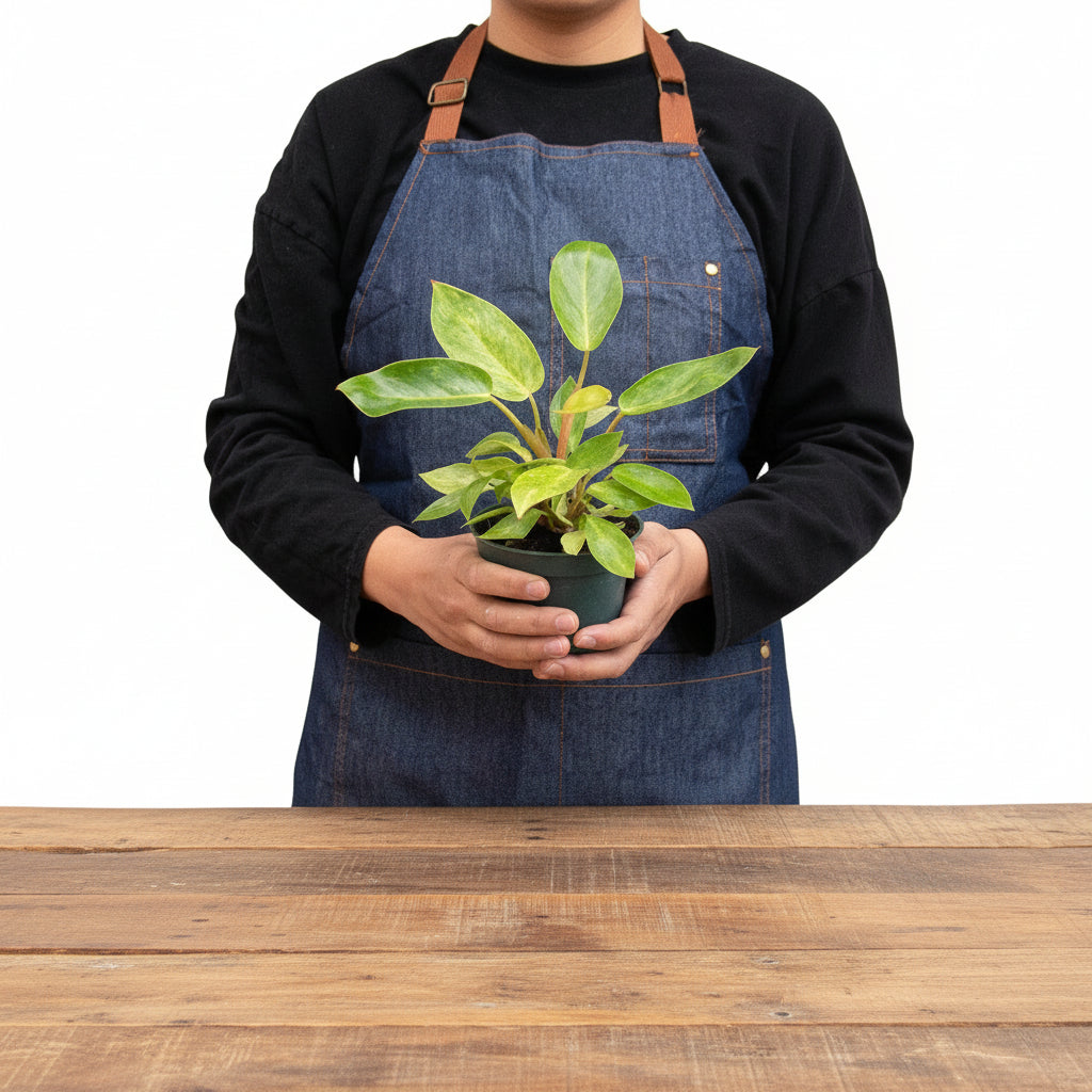 Person in denim apron holding a potted Philodendron 'Painted Lady' with variegated green and yellow leaves.
