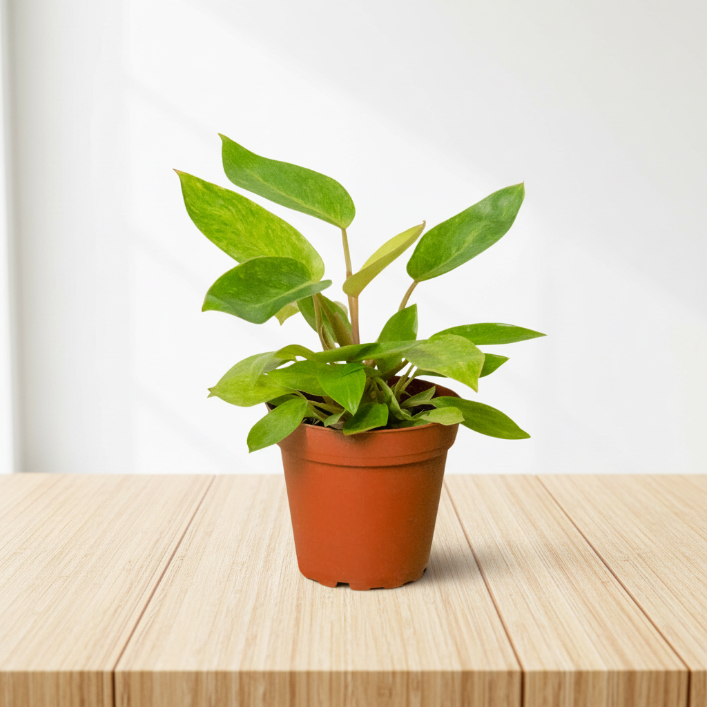 Variegated Philodendron 'Painted Lady' in a brown pot on a light wood surface.