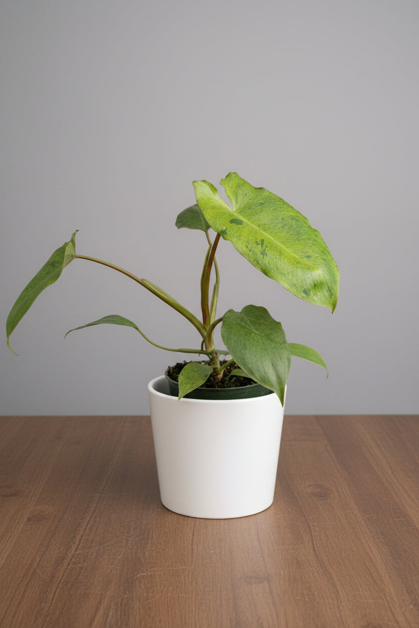 Hand holding a Philodendron 'Paraiso Verde' with large, variegated light and dark green leaves in a nursery.