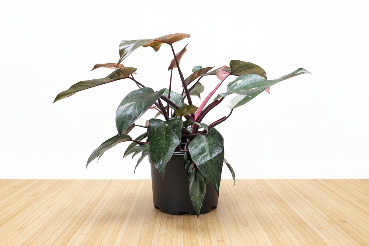 Philodendron 'Pink Princess' plant in a black pot with dark green and pink variegated leaves.