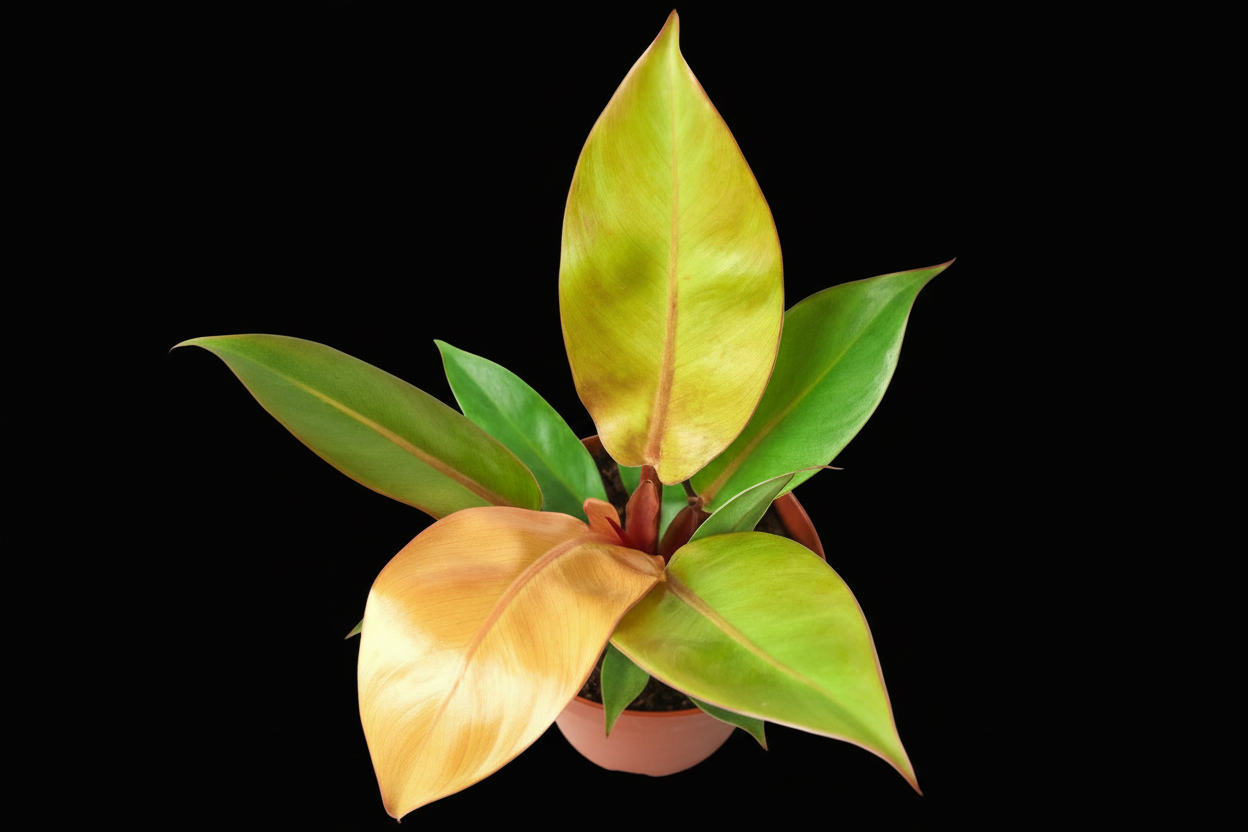 Philodendron 'Prince of Orange' plant with coppery-orange and glossy green leaves in a terracotta pot.