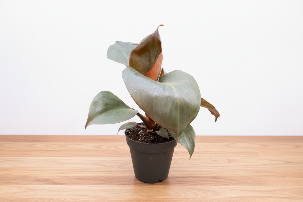 Philodendron 'Red Heart' plant in a black pot, featuring reddish-green, heart-shaped leaves.