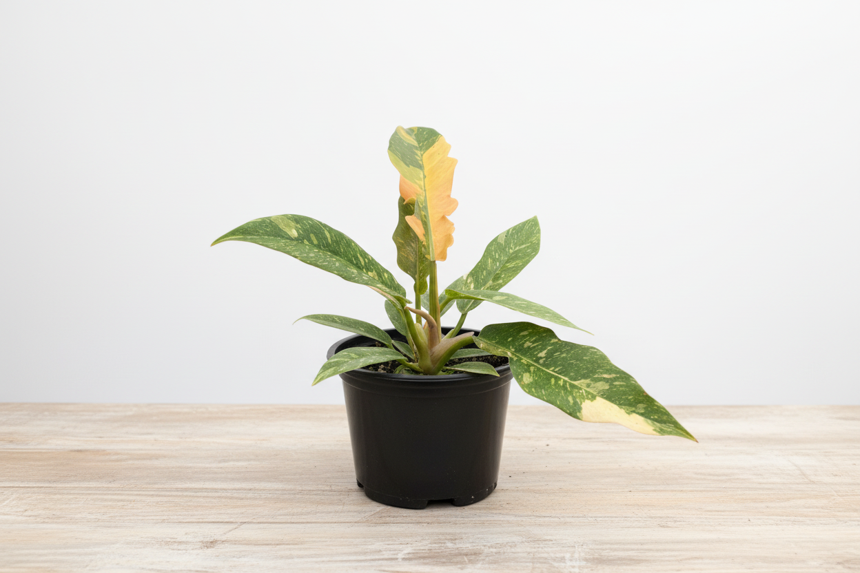 Small Philodendron Ring of Fire Variegated plant in a black pot, showing green, yellow, and orange leaves.