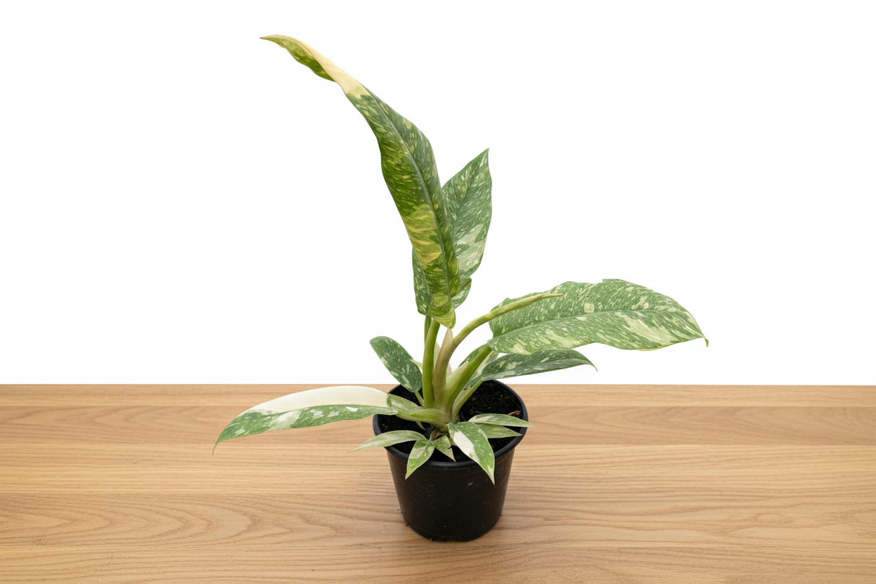 Philodendron Ring of Fire variegated plant in a black pot, showing green, yellow, and white leaves.