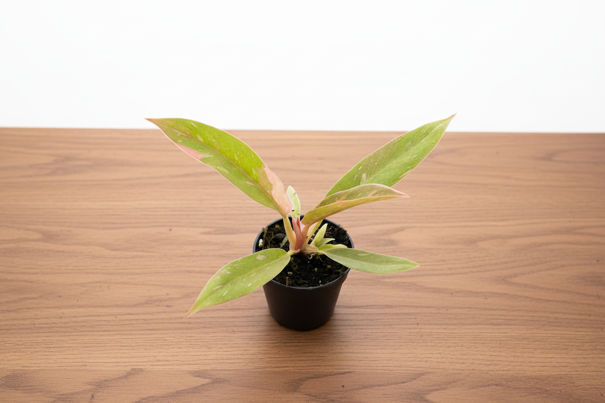Small Philodendron Ring of Fire Variegated plant in a black pot, displaying green, yellow, and pink leaves.