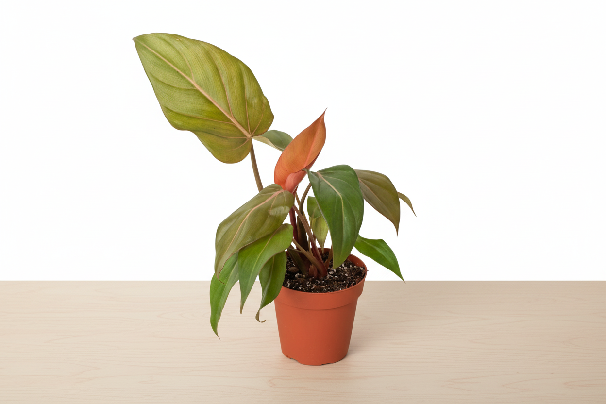 Philodendron 'Summer Glory' plant in a terracotta pot with salmon-pink and green leaves.