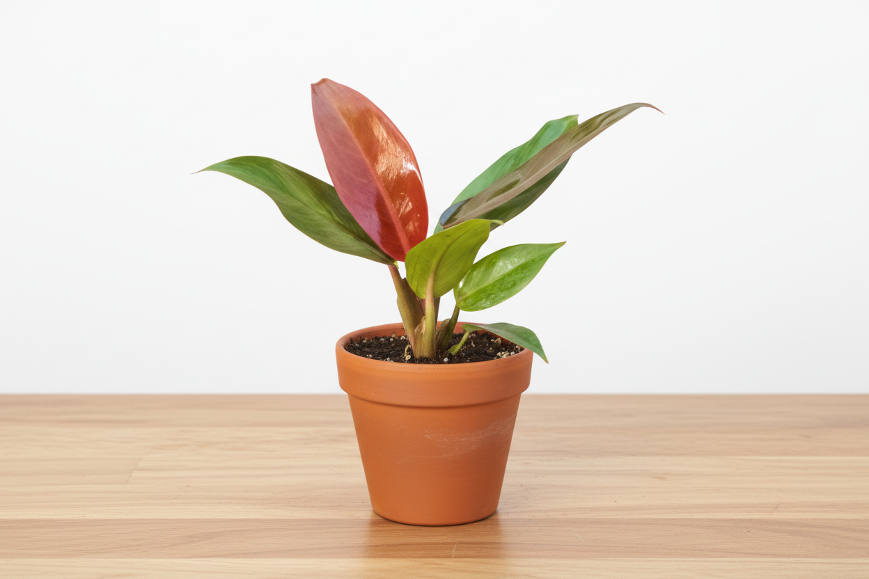 Philodendron 'Sun Red' plant in a terracotta pot, featuring vibrant red and deep green leaves.
