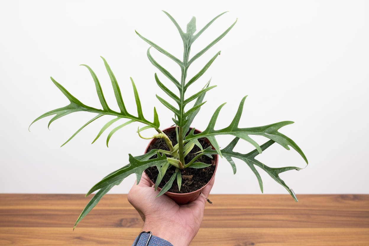 Hand holding a small Philodendron 'Tortum' plant with deeply dissected green leaves in a terracotta pot.
