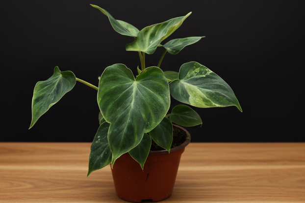 Hand holding a potted plant with green leaves on a white background