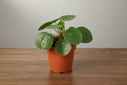 Small Pilea peperomioides 'Chinese Money' plant in a brown pot with water droplets on its round green leaves.