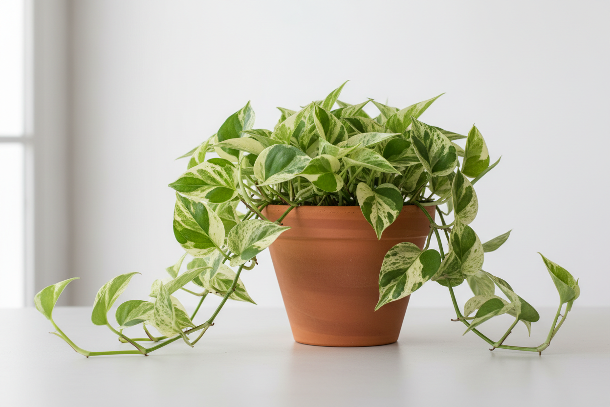 Marble Queen Pothos in a terracotta pot with variegated green and white leaves trailing.