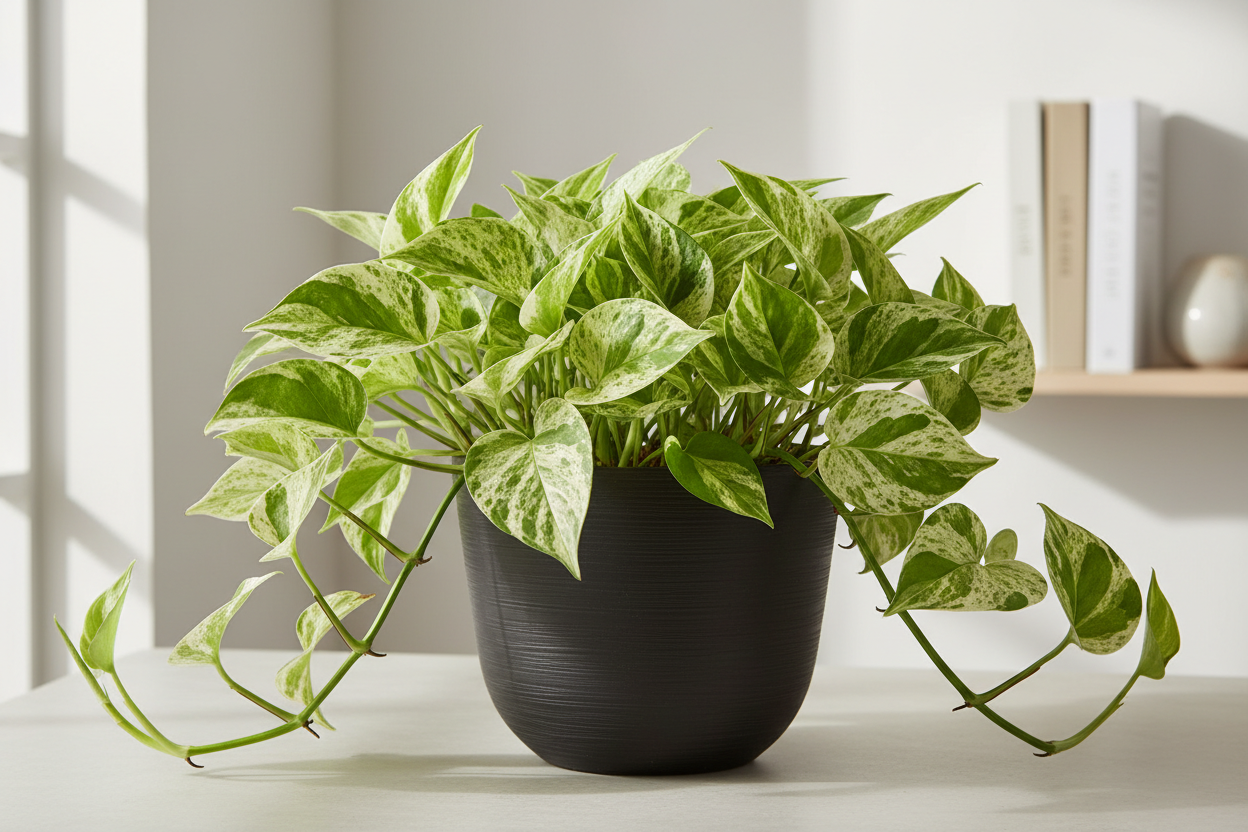 Lush Marble Queen Pothos plant with variegated green and white leaves in a black textured pot.