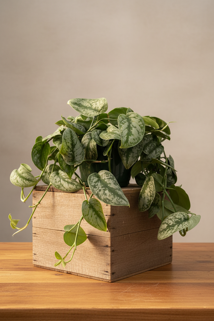 Pothos 'Silver Splash' plant with heart-shaped leaves and silver markings in a dark pot on a wooden crate.