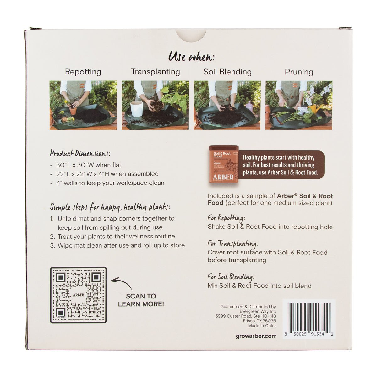 White box packaging for a green repotting mat, showing usage examples, dimensions, and care instructions.