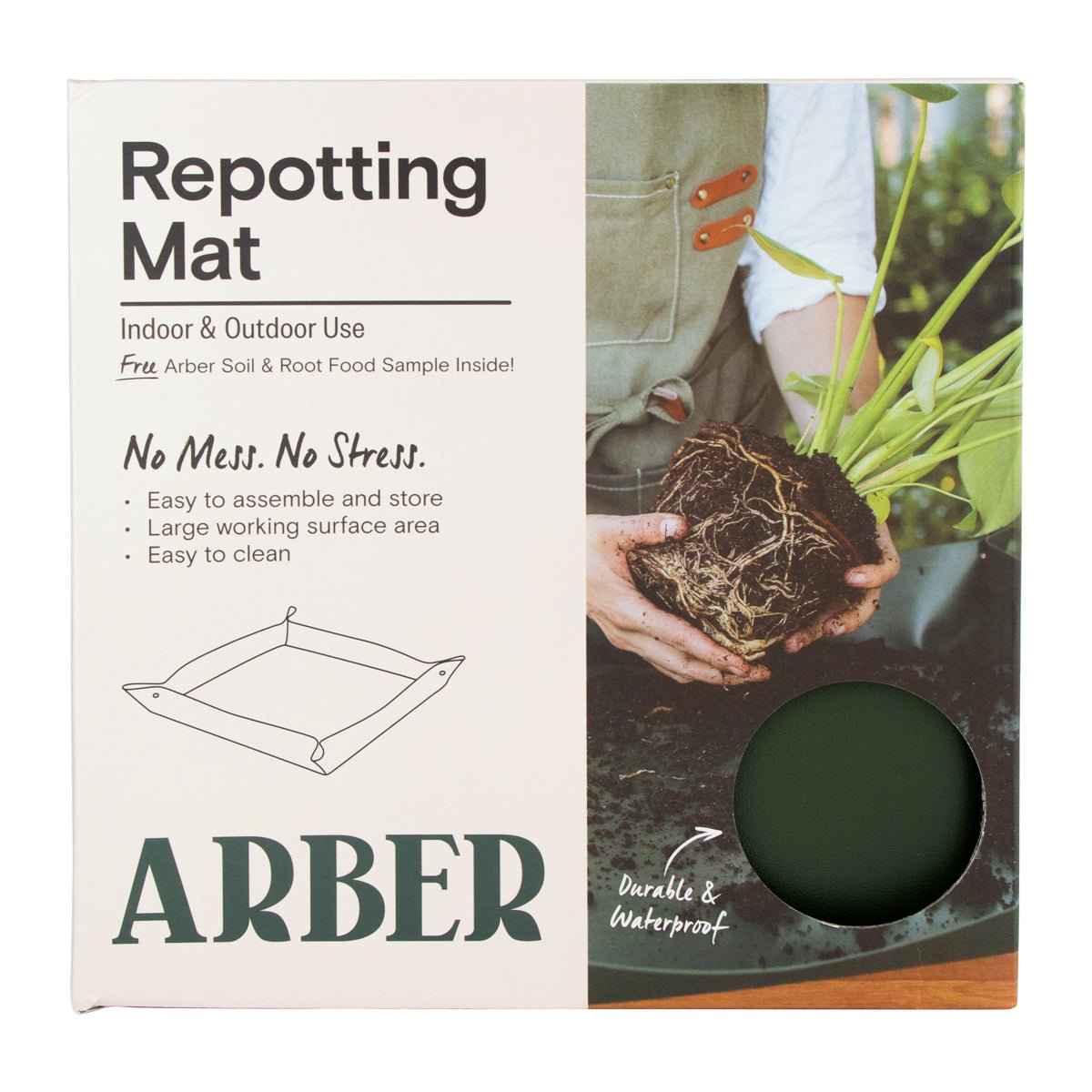 Arber Repotting Mat packaging, showing a person holding a plant with exposed roots and a dark green mat.
