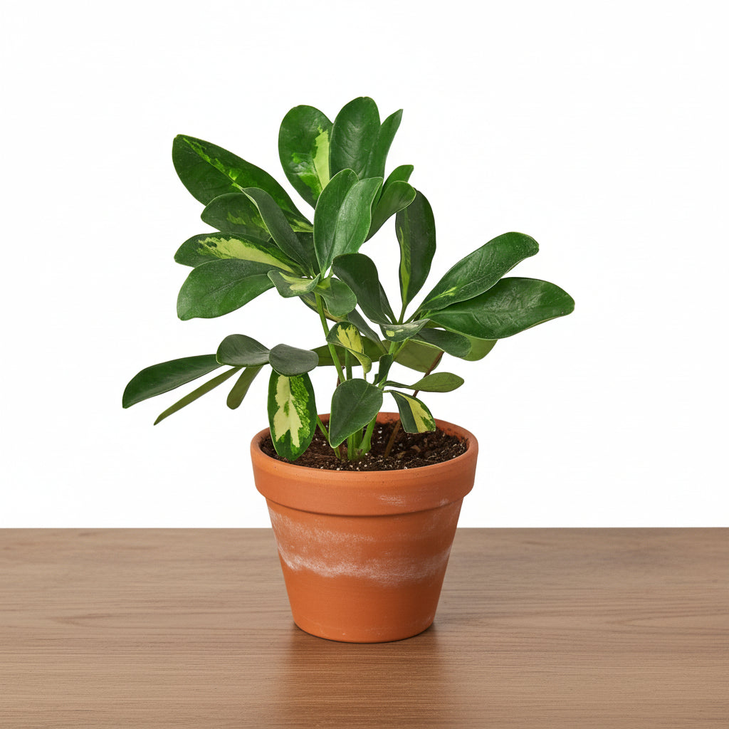Variegated Schefflera Umbrella Plant in a terracotta pot on a wooden surface.