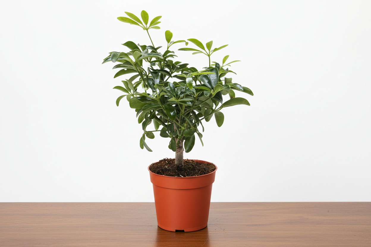 Potted plant with green leaves in a brown pot on a white background