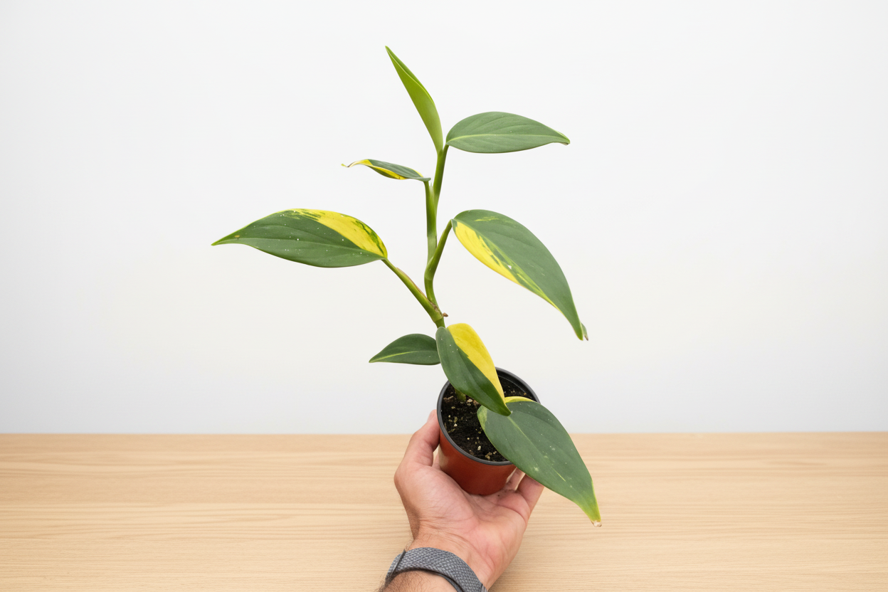 Hand holding a small Scindapsus 'Coriaceus' plant with dark green and yellow variegated leaves in a brown pot.