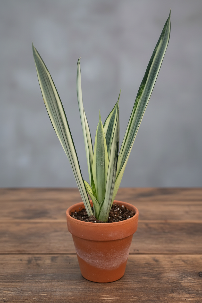 Potted snake plant with green striped leaves in a clay pot on a brown table grey background