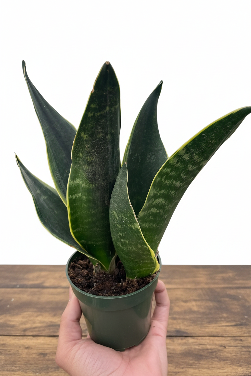 Potted snake plant held in a hand against a white background