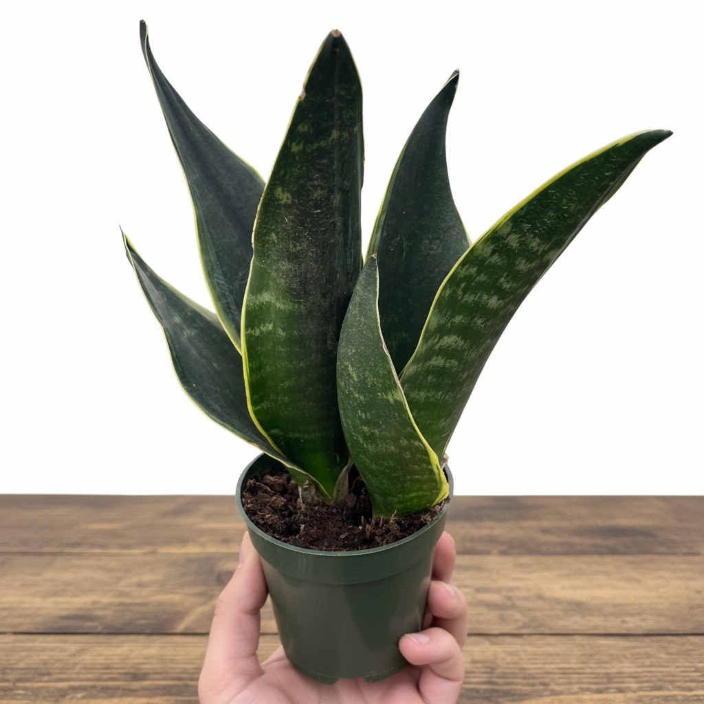 Potted snake plant held by a hand against a white background
