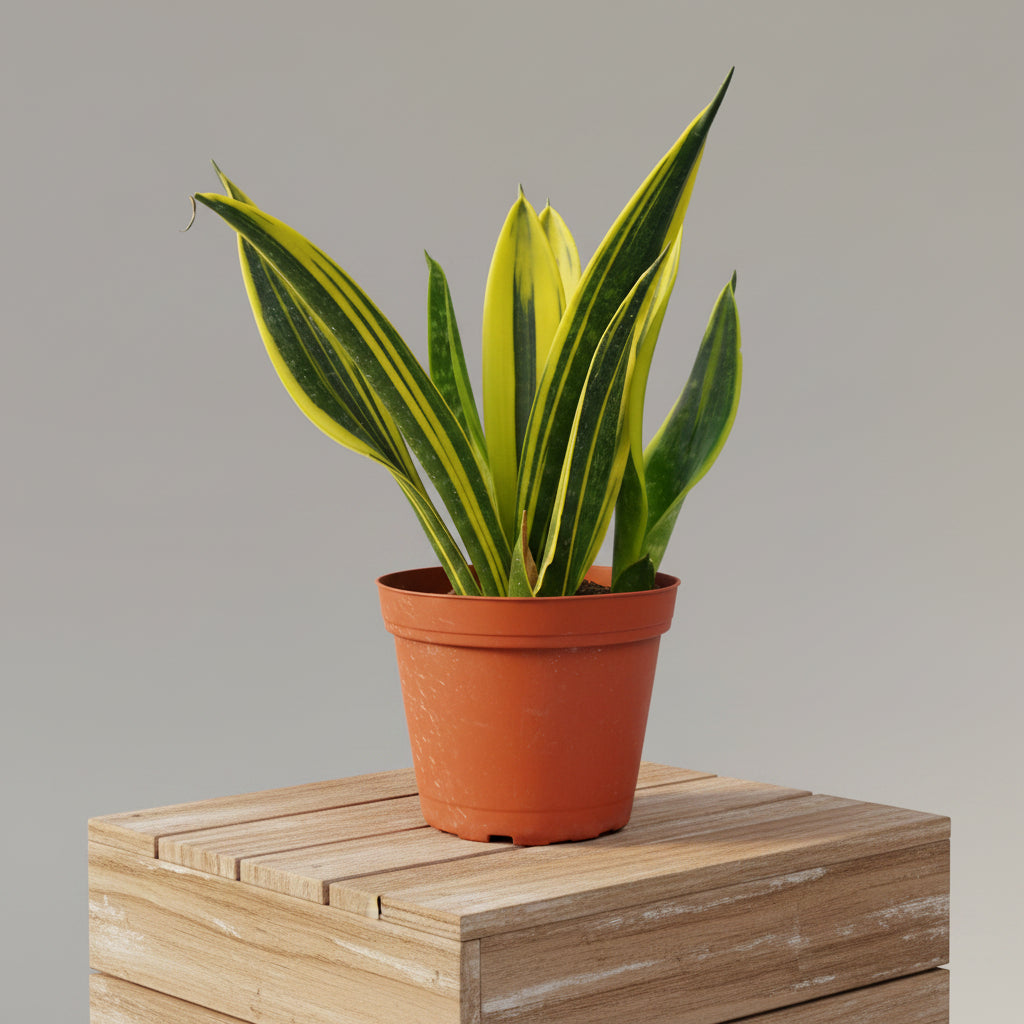 Snake Plant 'Gold Flame' in a brown pot, showcasing its dark green leaves with vivid golden-yellow margins.