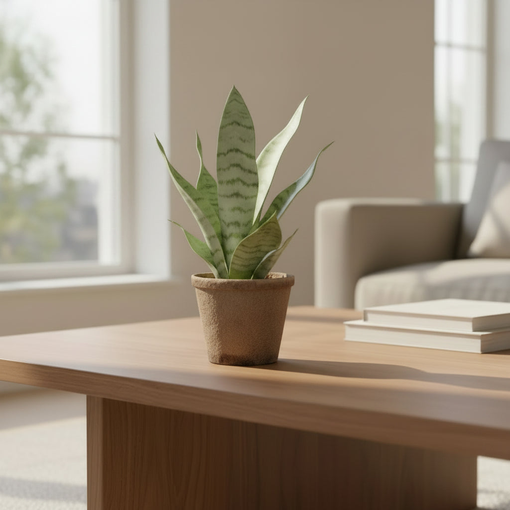 Moonshine Snake Plant in a brown pot on a wooden coffee table in a bright living room.