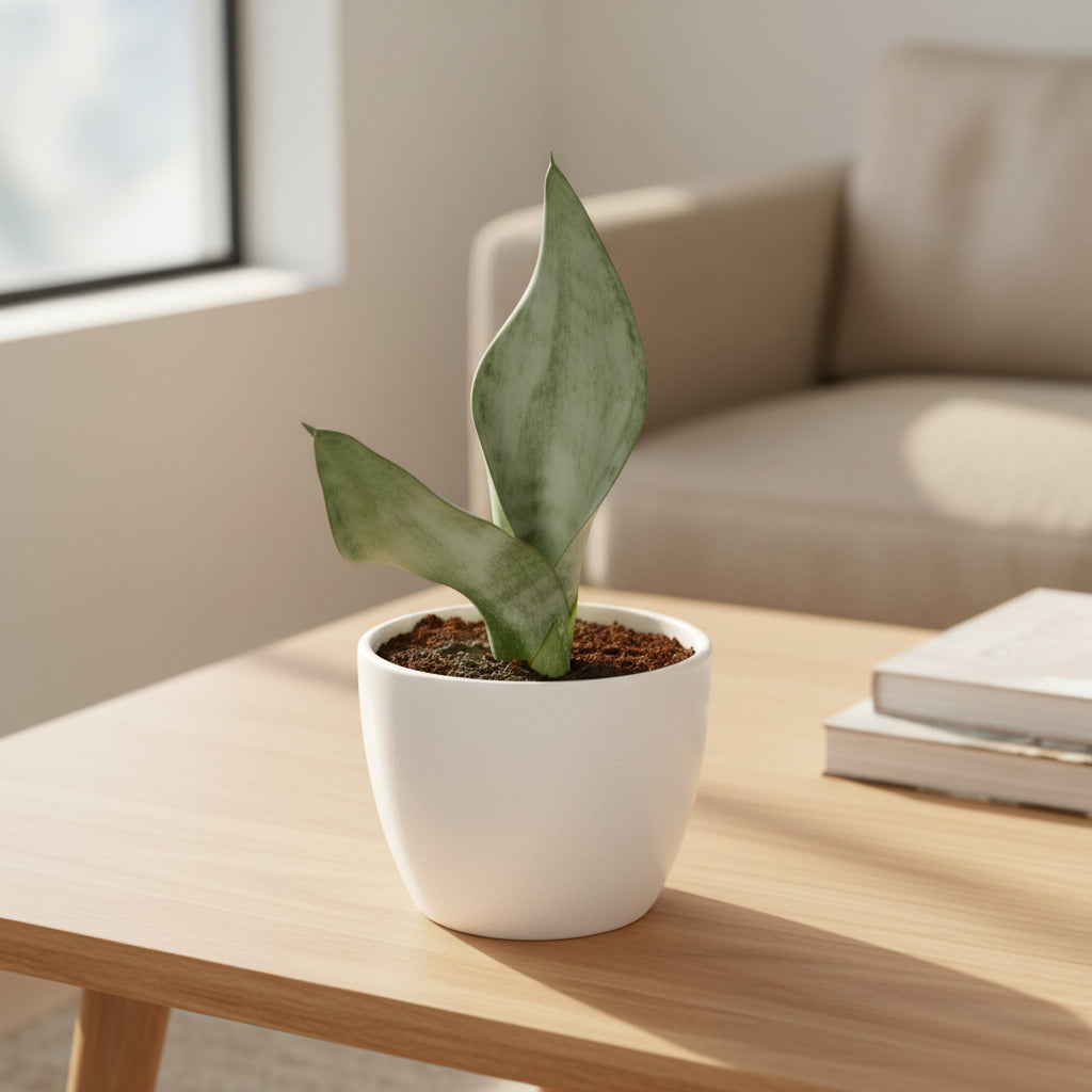 Moonshine Snake Plant in a white pot on a light wood table, with a beige sofa in the background.