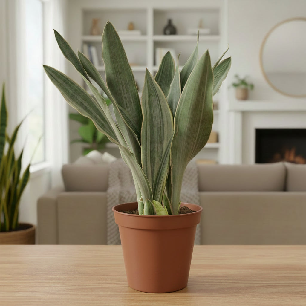 Snake Plant 'Sayuri' with long, variegated green and silver leaves in a brown pot sitting on a table in a living room