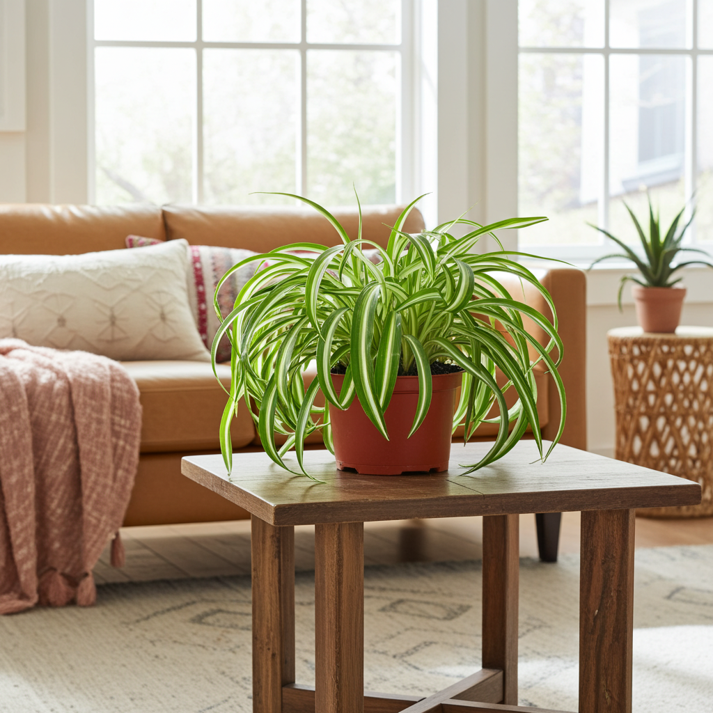 Curly Spider Plant 'Bonnie' with variegated green and white leaves in a brown pot on a wooden table.