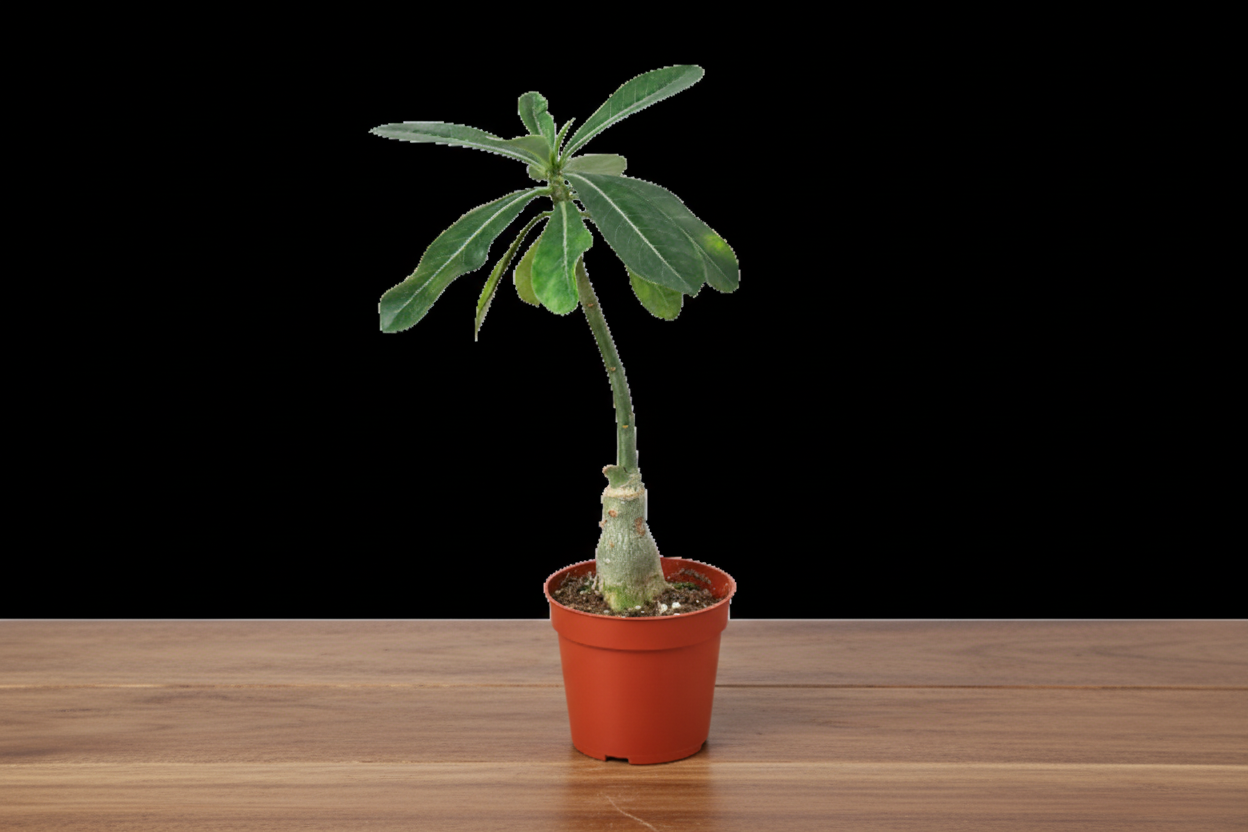 Young Desert Rose succulent in a small terracotta pot with green leaves and a developing caudex.