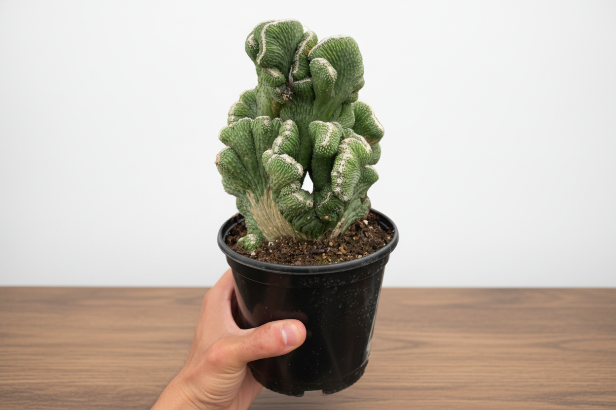 Hand holding a vibrant green Succulent Cereus Coral Green in a black pot.