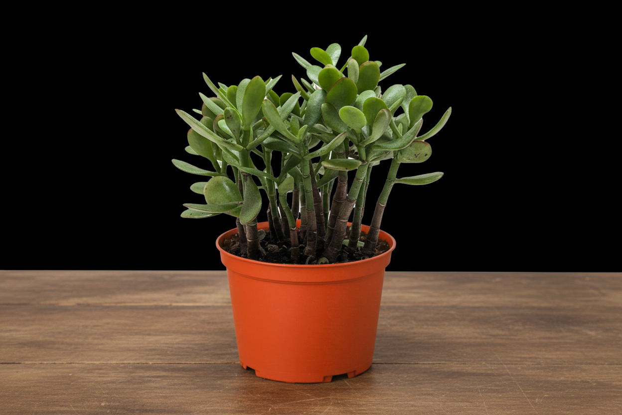Vibrant green Crassula 'Jade' succulent in an orange pot on a wooden surface.