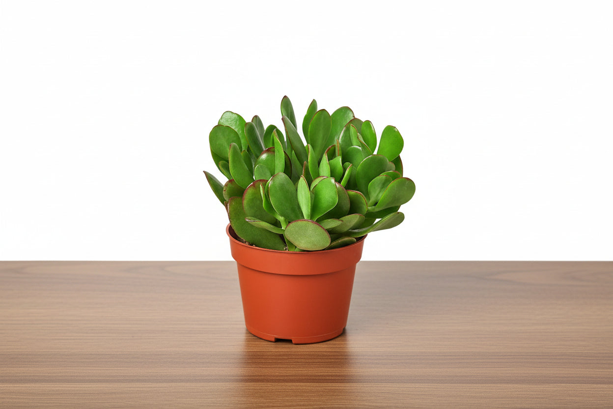 Small Crassula 'Jade' succulent with glossy green leaves and red tips in a terracotta pot on a wood surface.