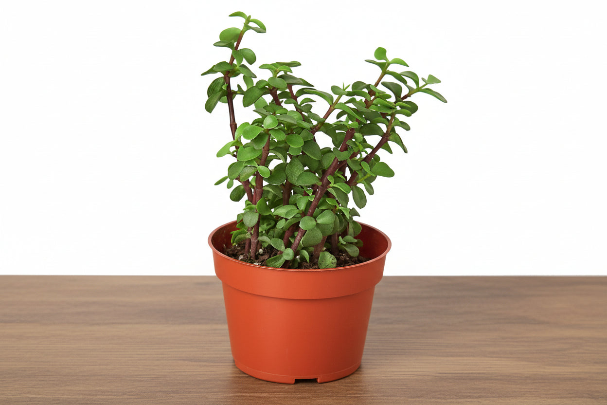 Vibrant green Elephant Bush succulent in a 4" terracotta pot on a wooden surface.