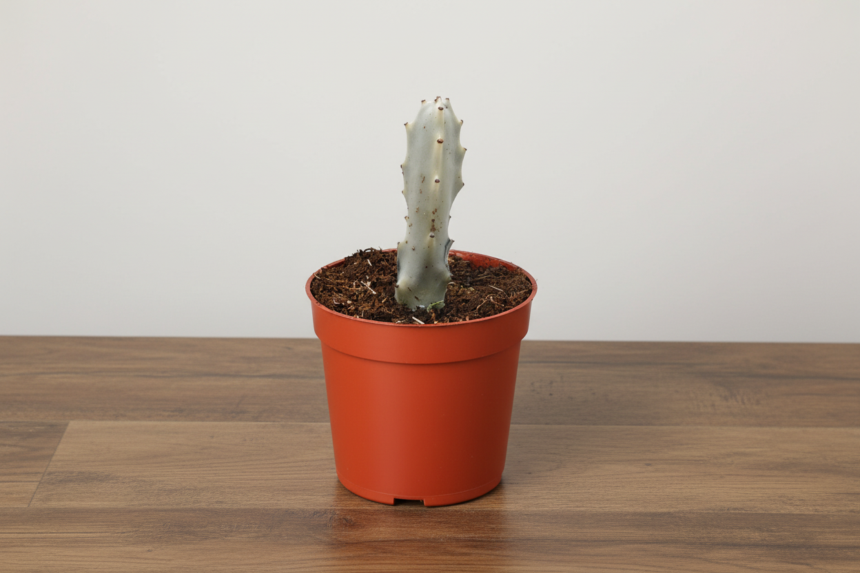 Small Euphorbia 'Dragon Bone' succulent with mottled silver-green stem in a terracotta pot.