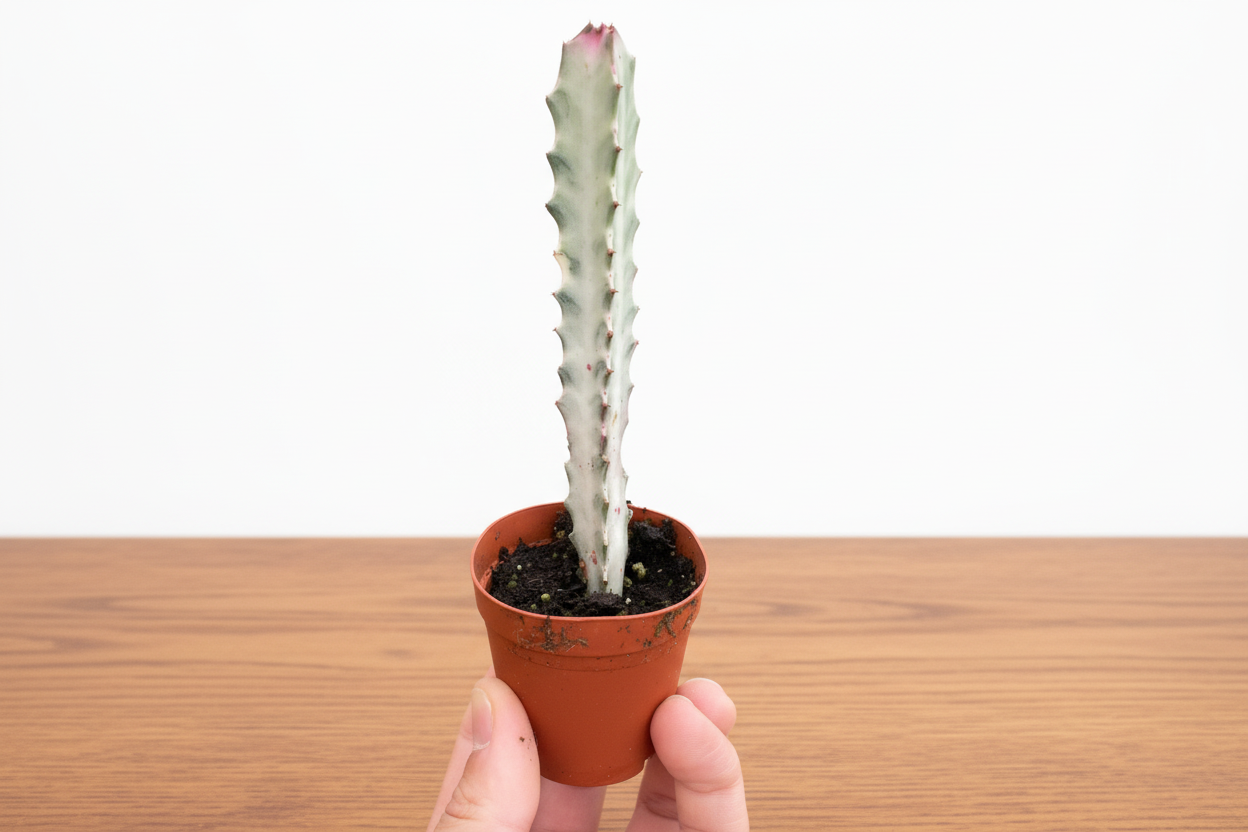 Hand holding a small Euphorbia 'Dragon Bone' succulent in a brown pot, with mottled silver-green stems.