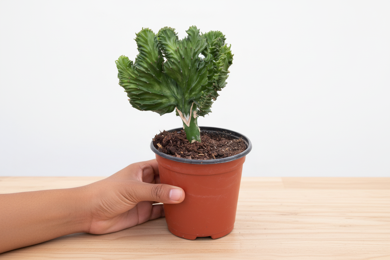 Potted cactus held by a hand on a white background
