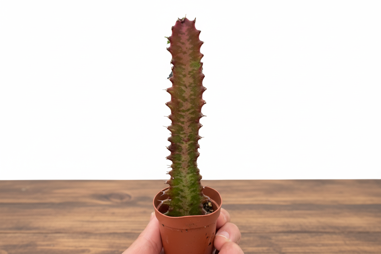 Potted cactus held by a hand on a white background