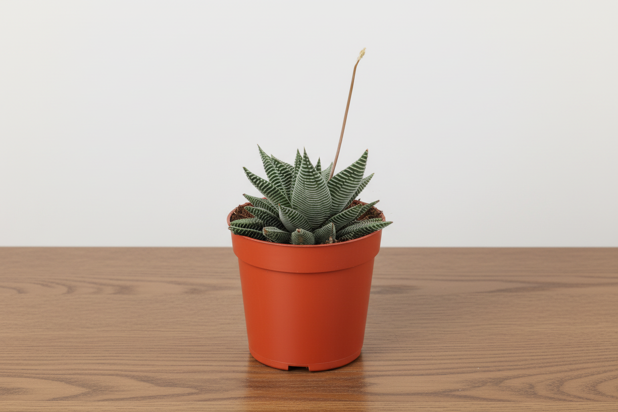 Compact Haworthia Miami succulent with dark green leaves and white ridges in an orange pot.
